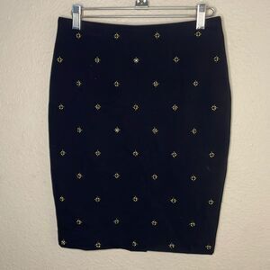 Ann Taylor Navy Beaded Skirt 0P Gold Floral Cocktail Party Wedding Guest Luxe